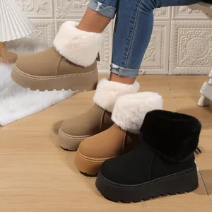 Women's Winter Warm Snow Boots Faux Fur Trimmed Platform Slip-on Mid-top Boots Waterproof Non-slip Cotton Shoes