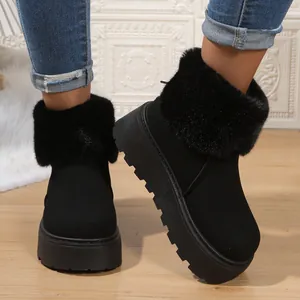 Detailed view of women's black platform snow boots featuring plush faux fur trim