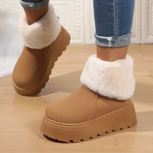Detailed view of women's camel snow boots with white fur collar and thick platform sole.