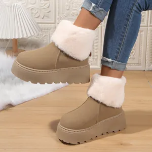Premium women's warm platform snow boots with thick white faux fur trim for winter