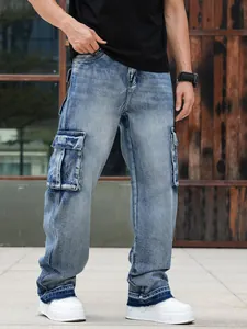Wide-leg light blue cargo jeans for men with multi-pocket design and distressed finish