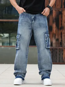 Men's loose wide-leg cargo jeans with multiple pockets and light blue wash