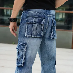 Rear view of blue cargo jeans showing detailed multi-pocket design and wash.