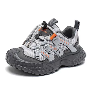 Grey children's closed-toe breathable mesh sneakers featuring anti-slip thick soles