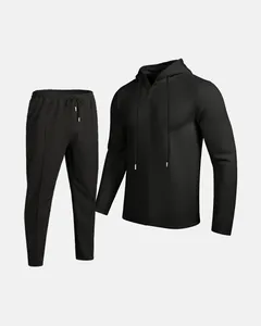 Detailed view of the premium men's black waffle-knit hoodie and matching joggers casual set