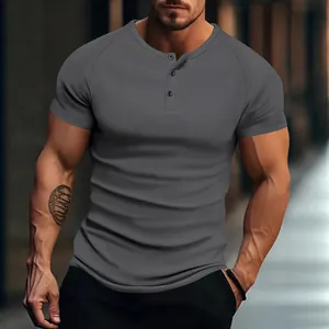 T-Shirt Henley Muscle Fit pour Hommes Maille Côtelée Manches Courtes Rayé Décontracté Sportif Coupe Ajustée Été Haut Mode Gym