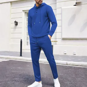 Detail of royal blue men's waffle knit hooded tracksuit for outdoor casual wear