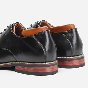 Detailed view of the heel and leather texture of men's business dress shoes in black