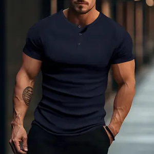 T-shirt Henley homme coupe ajustée à manches courtes et mailles côtelées, tissu extensible