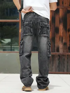 High quality men's loose fit black washed cargo denim jeans with multiple utility pockets