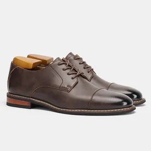 Classic brown leather derby shoes for men with wooden shoe trees details