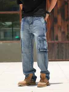Premium loose fit men's cargo denim jeans featuring multiple utility pockets and wide leg design