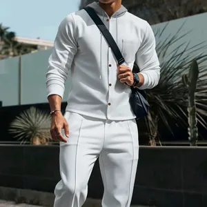 White waffle knit men's tracksuit set with hooded cardigan and long pants for casual wear