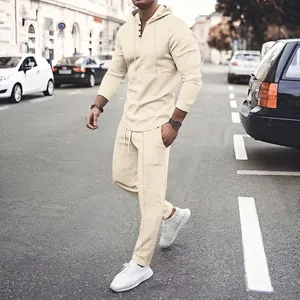 Men's beige waffle knit hooded tracksuit set for outdoor casual leisure streetwear style