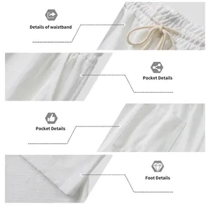 Fotos macro detalladas de pantalones de lino blanco que muestran cintura y bolsillos.