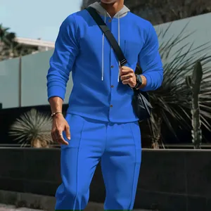 Stylish blue waffle knit two-piece tracksuit for men featuring a grey hooded cardigan