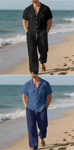 Conjunto playero informal de lino para hombre con camisa de manga corta y pantalón largo