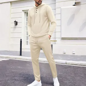 Detail view of men's waffle knit hoodie and jogger set in beige for outdoor lifestyle wear