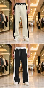 Close-up detail of heavy French Terry sweatpants with sporty side stripes and drawstring