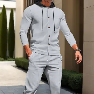 Men's light grey waffle knit casual two-piece set with hooded cardigan and long pants
