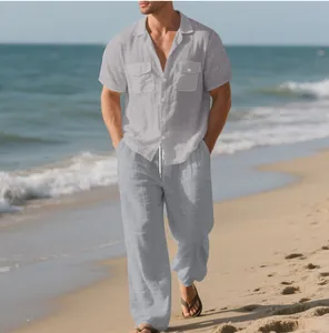 Conjunto de playa de lino para hombre con camisa de manga corta y pantalón largo