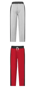 Macro view showing grey and red heavyweight French Terry sweatpants with black side stripes
