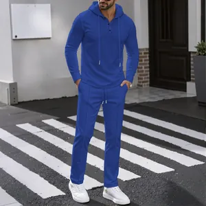 Men's Waffle Knit Sport Casual Hooded Solid Color Long Sleeve Top And Bottom Outdoor Relaxed Fit Polyester Tracksuit