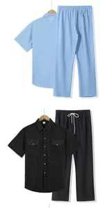 Conjunto de playa casual de lino para hombre con camisa de manga corta y pantalón largo