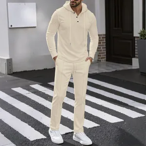 Premium men's waffle knit casual hoodie and long pants set in beige outdoor street style