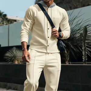 Men's casual beige waffle knit tracksuit set with hooded cardigan and trousers detail