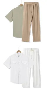 Conjunto casual de lino para hombre con camisa de manga corta y pantalón largo