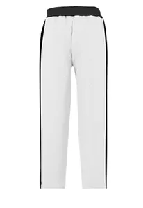 Front view of men's white heavyweight fleece joggers with black side stripes