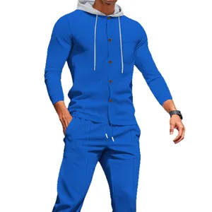 Men's blue waffle knit hooded tracksuit set with contrast grey hood and long pants