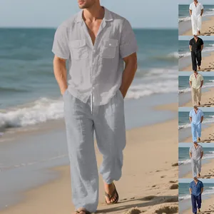 Conjunto Casual de Lino para Hombre Camisa de Manga Corta con Solapa y Pantalón Largo con Cordón Top And Bottom