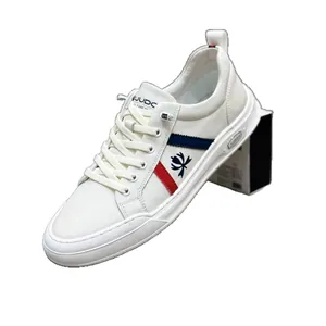 Trendy men's white genuine leather sneakers with red blue stripes and flat bottom soles