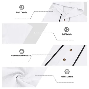 Detail views of white linen hooded short sleeve Henley shirt showing fabric and neck