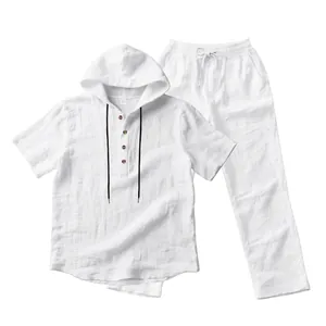 Casual white linen men's set featuring short sleeve hoodie and drawstring long pants