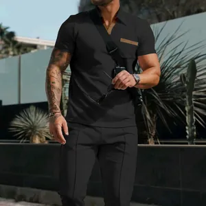 Men's summer black waffle knit polo shirt and matching trousers set for casual wear