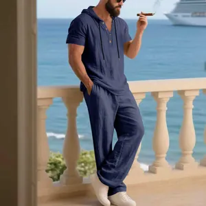 Men's casual linen two-piece set with hooded short-sleeve top and loose pants