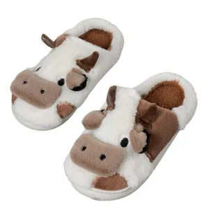 Schattige pluche pantoffels met koeienprint, zachte pluizige warme huisschoenen binnen