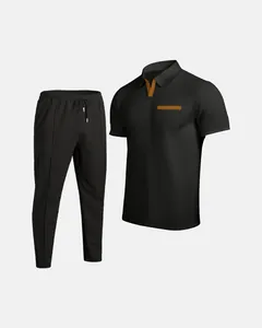 Detail showing the textured waffle knit fabric and color contrast on the black polo shirt.