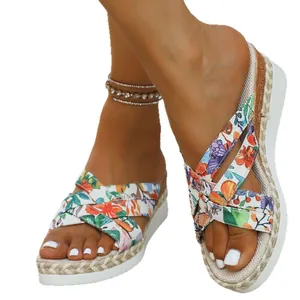 Sandales compensées à imprimé floral bohème pour femmes chaussures de plage élégantes