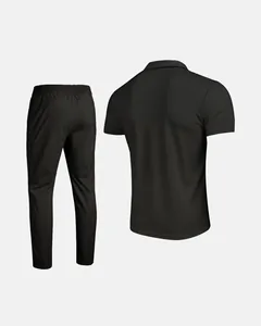 Back view of men's black waffle knit polo shirt and trousers set for summer casual wear