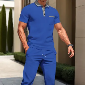 Herren Waffelstrick Polyester Top Und Bottom Kontrast Farbblock Revers Polo Kurzarm Lange Hose Lässig Sportliche Kleidung
