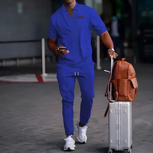 Men's Summer Waffle Knit Casual Suit Set Short Sleeve Polo Shirt and Long Pants Top And Bottom Breathable Solid Apparel