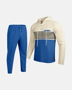 Men's casual two-piece tracksuit set featuring striped waffle knit hoodie and blue pants