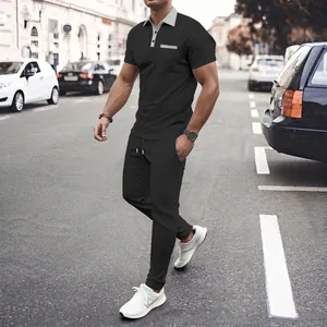 Modisches schwarzes Waffelstrick-Poloshirt und Hosen-Set für Herren im Sommer-Streetstyle
