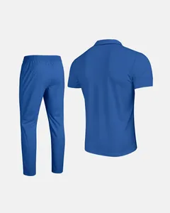 Detailed back view of men's royal blue waffle knit polo shirt and casual pants set