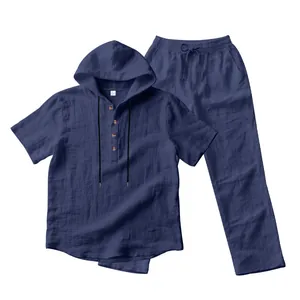 Men's navy blue linen short sleeve hooded Henley shirt and matching trousers set
