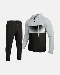 Detailed view of men's waffle knit color-block pullover hoodie and jogger pants set